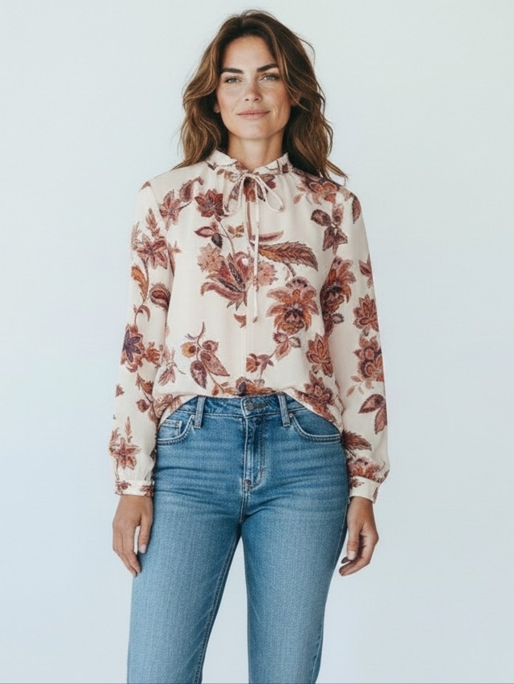 Ryegrass Ivory Floral Long Sleeve Tie Neck Blouse XS NWT